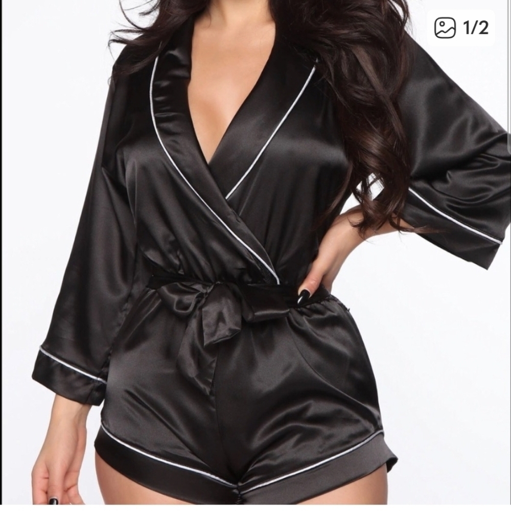 Fashion Nova Sunday Morning Sleep Romper - Black
